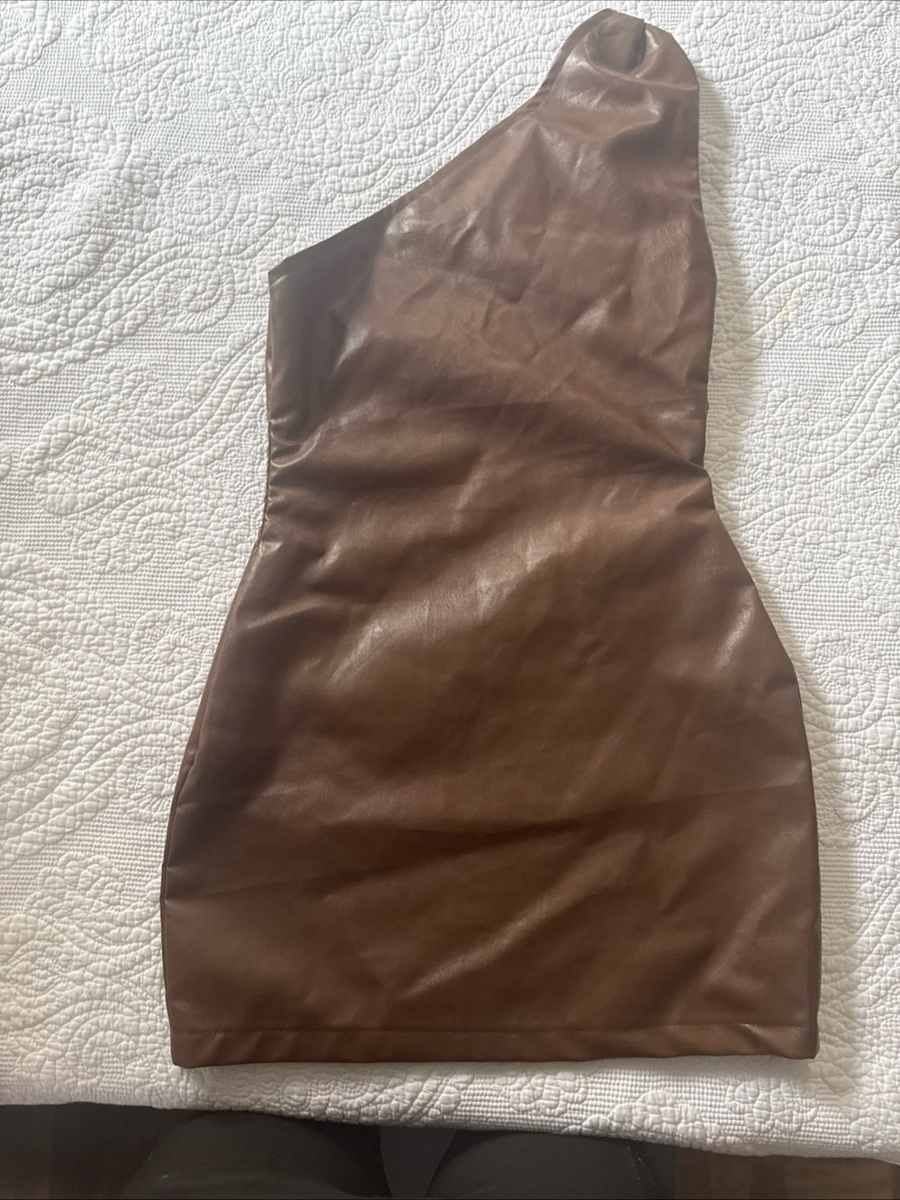 One-Shoulder Brown Faux Leather Mini Dress